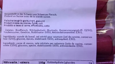 Lista de ingredientes del producto viande de bœuf fumée cuite Migros 101 g