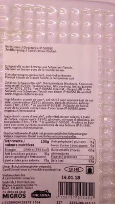 Lista de ingredientes del producto Lard à griller Migros,  Terrasuisse 262 g