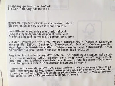 Lista de ingredientes del producto Poitrine de poulet fumé Migros Bio 120g