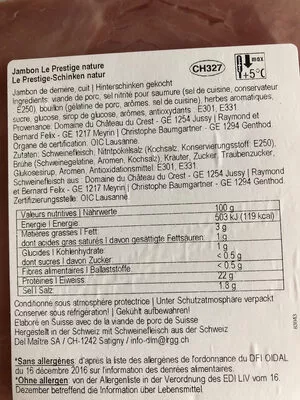 Lista de ingredientes del producto Del Maitre Le Prestige Nature DelMaitre Grand Charcutier 4 tranches