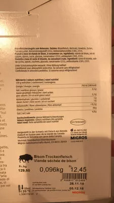 Lista de ingredientes del producto Viande séchée de bison Migros sélection 96 g