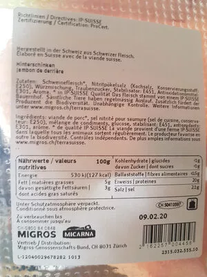 Lista de ingredientes del producto jambon de derriere migros 0.154