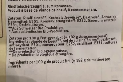 Lista de ingredientes del producto Viande séchée du Valais IGP Migros Bio 