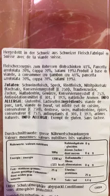 Lista de ingredientes del producto Assiette tessinoise Ticinella 120 g