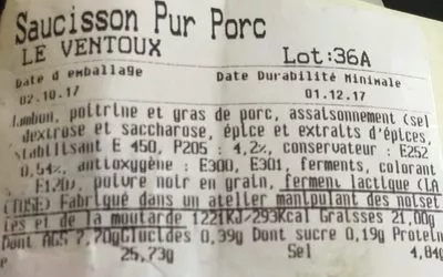 Lista de ingredientes del producto Saucisson Le Ventoux 