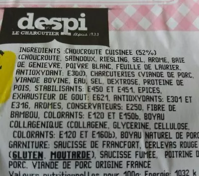 Lista de ingredientes del producto Choucroute garnie  