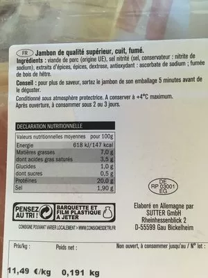 Lista de ingredientes del producto Jambon Traditionnel (fumé au bois de hêtre) Lidl St Alby,  Saint Alby 