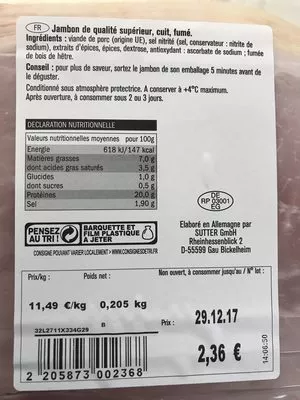 Lista de ingredientes del producto Jambon traditionnel fumé au bois de hêtre Saint Alby 