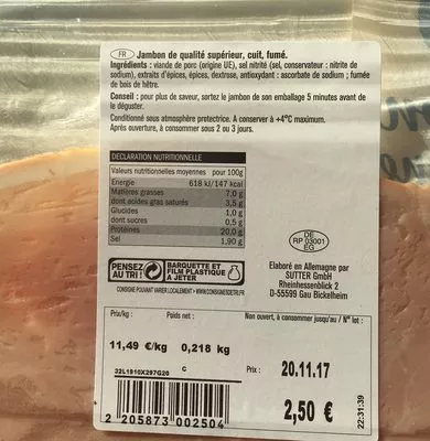 Lista de ingredientes del producto Jambon de qualité superieur Saint Alby 