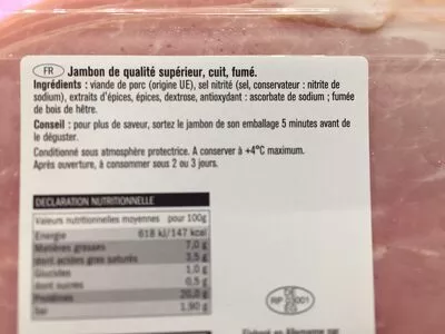 Lista de ingredientes del producto Jambon traditionnel fumé au bois de hêtre Saint Alby 