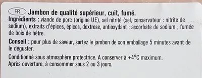 Lista de ingredientes del producto Jambon traditionnel fumé au bois de hêtre Saint ALBY 