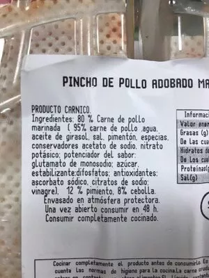 Lista de ingredientes del producto Pinchos Lidl 