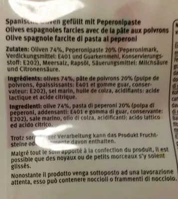 Lista de ingredientes del producto Olives espagnoles farcies à la pâte de poivrons migros 200 g