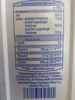 Lista de ingredientes del producto Bellasan Vitareform Margarine Mit Rapsöl  