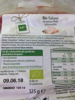 Lista de ingredientes del producto Salami Bio, Börner Eisenacher 125 g