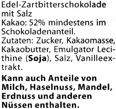 Lista de ingredientes del producto Zartbitter-Schokolade Meersalz 52 % Kakao Moser Roth 125 g (5 x 25 g)