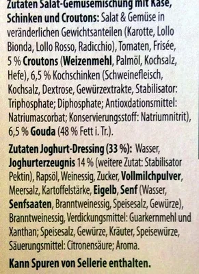 Lista de ingredientes del producto Salatcup griechischer art mit joghurt Wonnemeyer Feinkost 200 g 100 ml