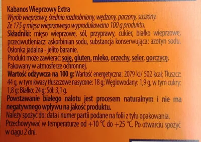 Lista de ingredientes del producto Kabanos wieprzowy extra Tarczyński 284 g