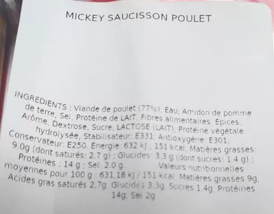 Lista de ingredientes del producto saucisson Mickey poulet Disney kitchen 1 portion =30 grammes