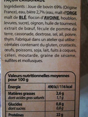 Lista de ingredientes del producto joue de bœuf fondante Bigard 0.420kg