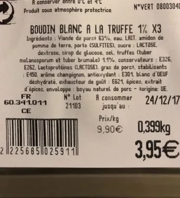 Lista de ingredientes del producto Boudin blanc a la truffe Les Braserades 