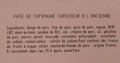 Lista de ingredientes del producto Terrine de Campagne Carrefour 180 g