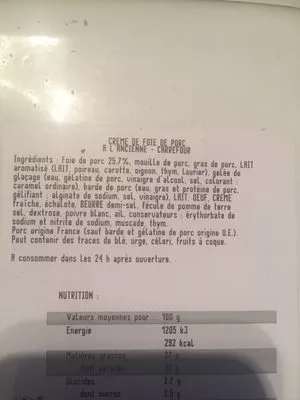 Lista de ingredientes del producto Crème de foie de Porc à l'ancienne Carrefour 