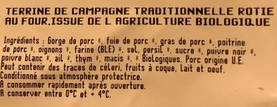 Lista de ingredientes del producto Terrine de campagne bio Carrefour 