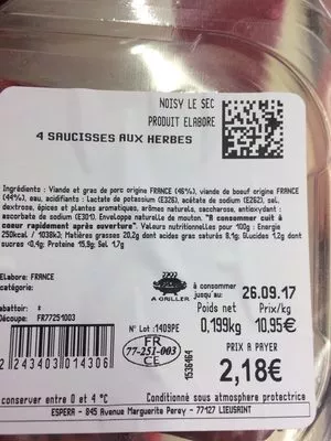 Lista de ingredientes del producto Saucisse aux herbes Emile Charotain 