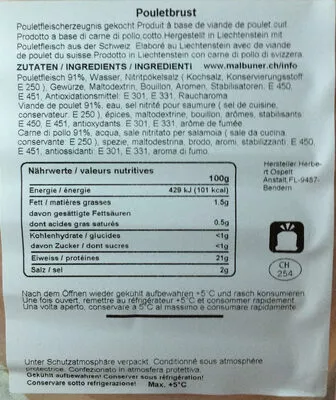 Lista de ingredientes del producto Poitrine de poulet fumée Malbuner 0.120