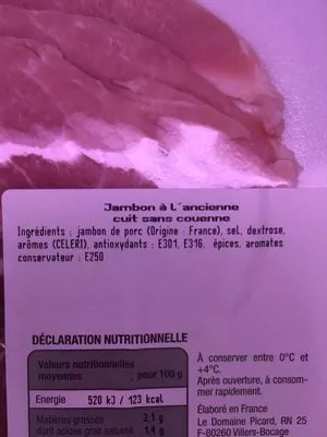 Lista de ingredientes del producto Jambon à l'ancienne sans couenne Domaine Picard 