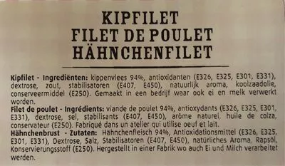 Lista de ingredientes del producto Filet de poulet Delhaize 129 g