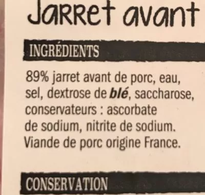 Lista de ingredientes del producto Jarret avant de porc demi-sel L'etal Du Boucher 