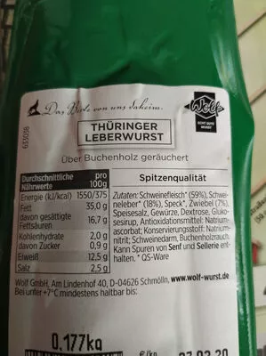 Lista de ingredientes del producto Thüringen Leberwurst Wolf 177 g