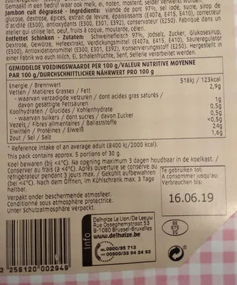 Lista de ingredientes del producto Jambon dégraissé Delhaize 144 g