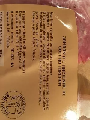 Lista de ingredientes del producto Jambon à l’ancienne salé à la veine Tallec 