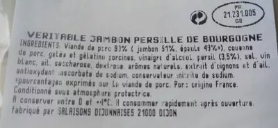 Lista de ingredientes del producto Véritable jambon persillé de Bourgogne  