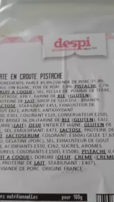 Lista de ingredientes del producto pâté en croûte pistache despi 2 tranches