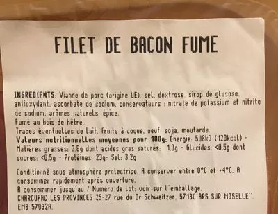 Lista de ingredientes del producto Filet de bacon fumé Super u 