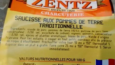 Lista de ingredientes del producto Saucisses aux pommes de terre ZENTZ 