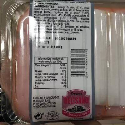 Lista de ingredientes del producto Fiambre de pechuga adobada Delisano 