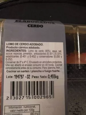 Lista de ingredientes del producto Lomo adobado  