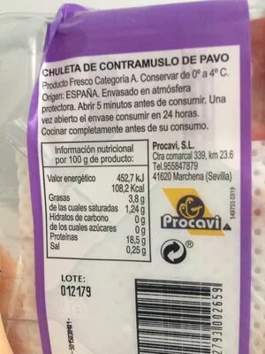 Lista de ingredientes del producto Chuleta de contramuslo Procavi 