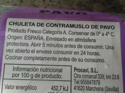 Lista de ingredientes del producto Chuleta de contramuslo pavo  