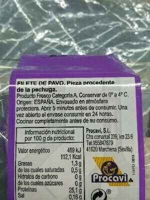 Lista de ingredientes del producto Filete pechuga pavo  