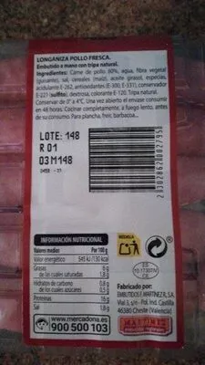 Lista de ingredientes del producto Longanizas pollo frescas  