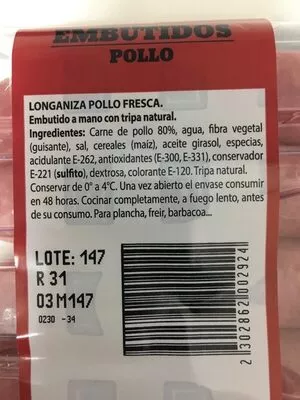 Lista de ingredientes del producto Longaniza pollo fresca  