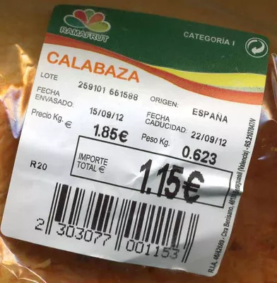 Lista de ingredientes del producto Calabaza "Ramafrut" Ramafrut 600 g (variable)