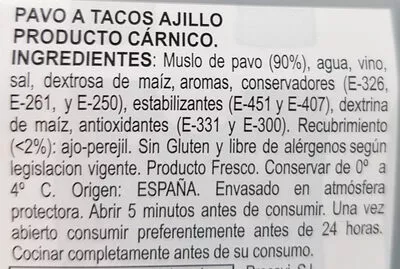 Lista de ingredientes del producto Pavo a tacos ajillo Procavi 