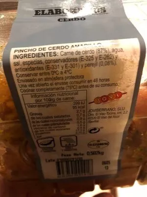 Lista de ingredientes del producto Pincho amarillo con perejil Jovi 